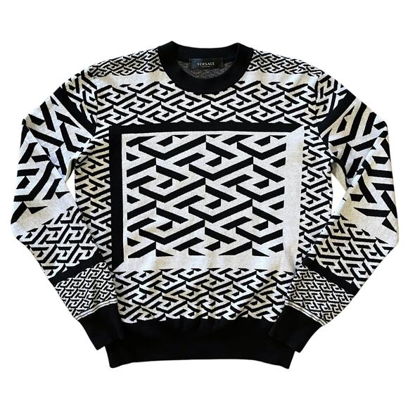 Versace El Greco Black White Jacquard Crew Neck Men's Pullover Sweater Size 48/M - Picture 2 of 7